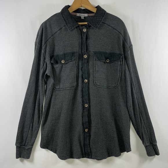 Briggs New York Tops - Womens Waffle Knit Raw Hem Button Top Sz L Charcoal Grunge Boho Indie